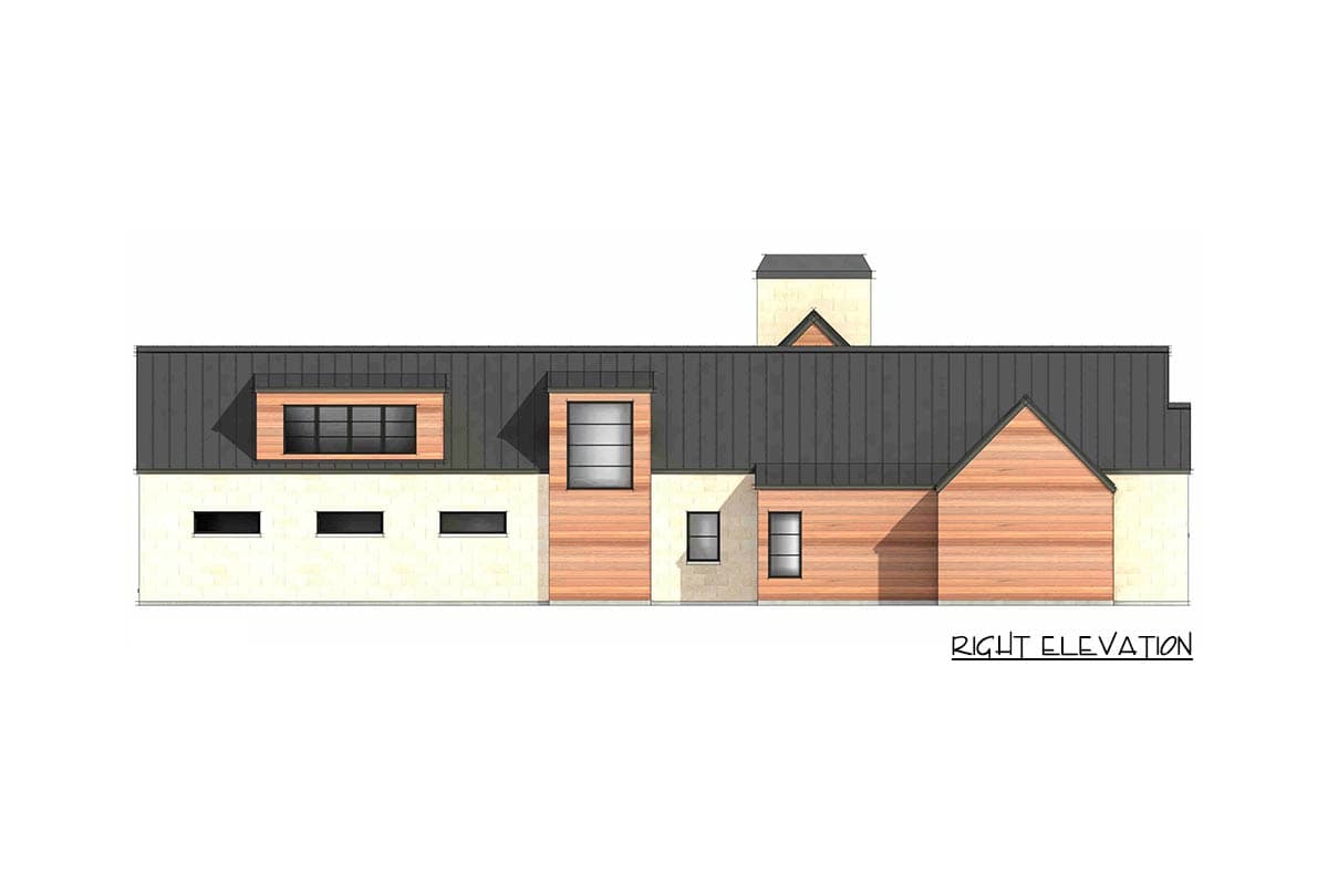 Architectural rendering of a modern home's right elevation, featuring a combination of wood paneling and light-colored siding under a dark roof.