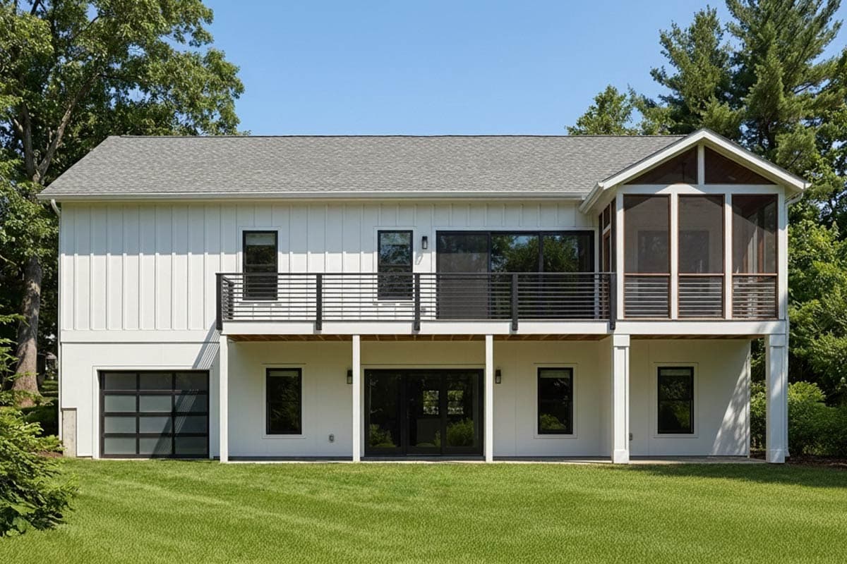 Modern Farmhouse house plan exterior with white board-and-batten siding, screened porch, balcony, and glass garage door.