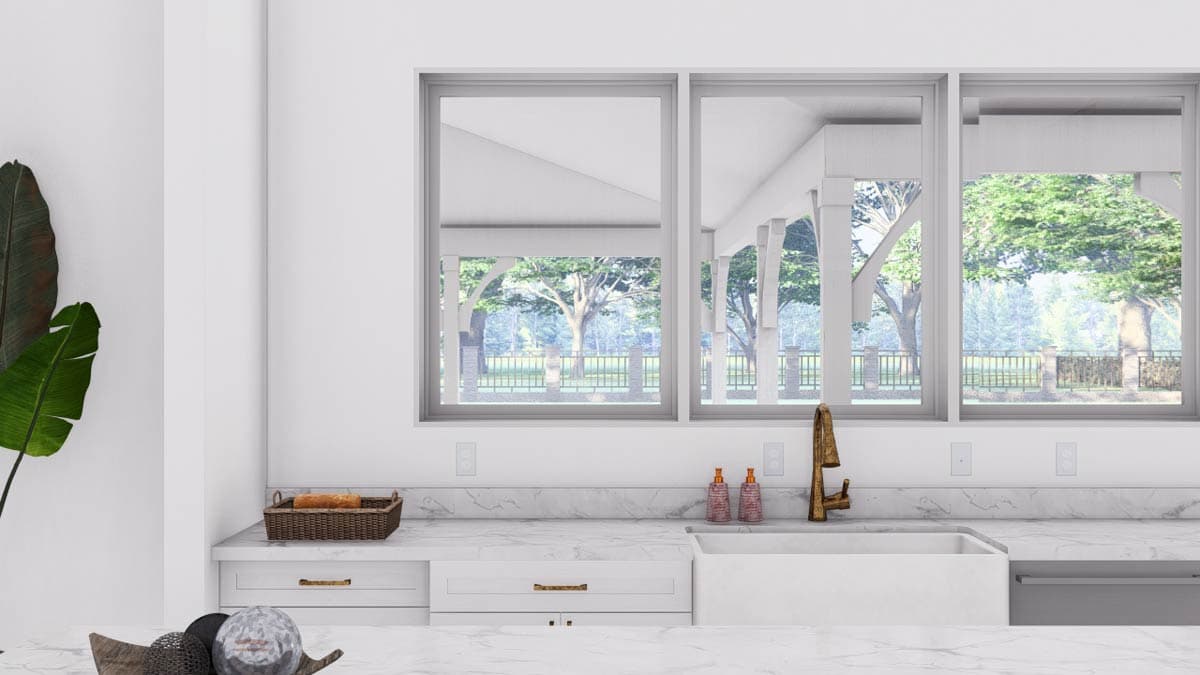 Kitchen interior rendering featuring a farmhouse sink, marble countertops, and large windows overlooking a porch and trees.