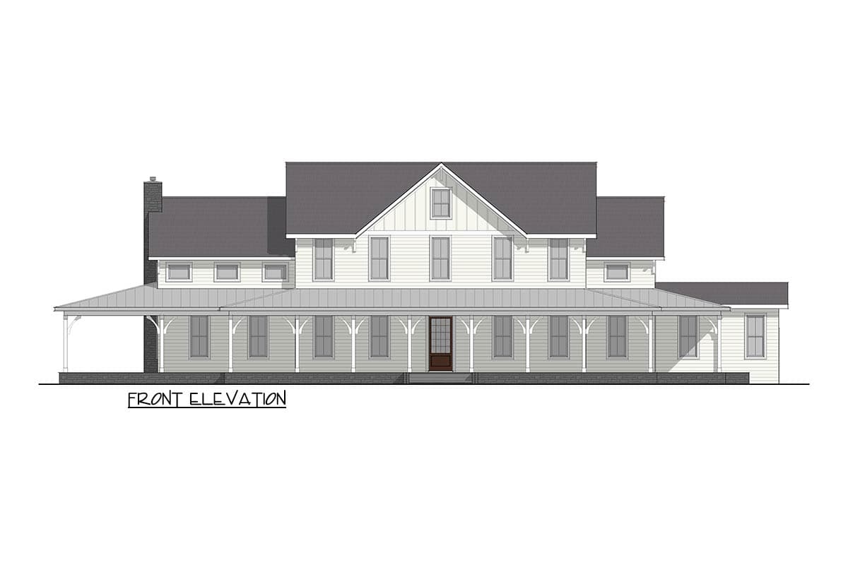 Front elevation drawing of a two-story house plan featuring a wraparound porch, gables, and a prominent dormer.