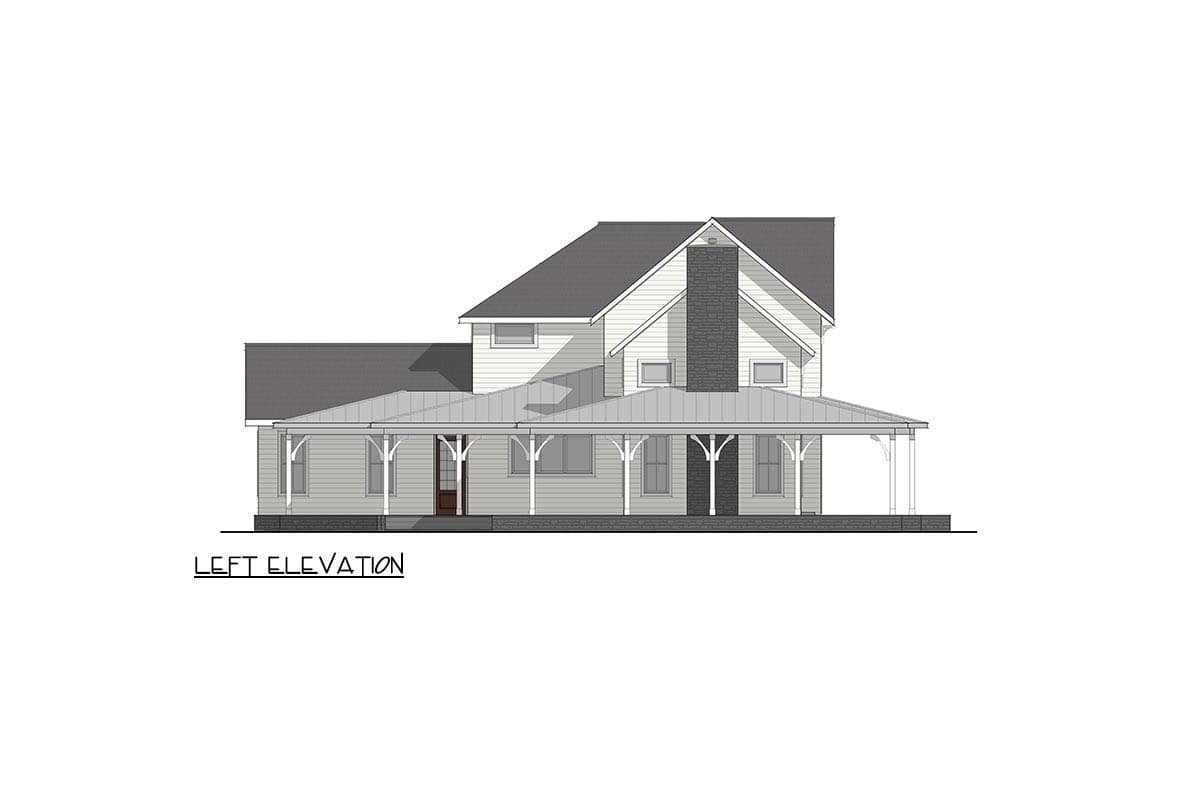 Left elevation house plan with wraparound porch, dormer, and stone chimney.