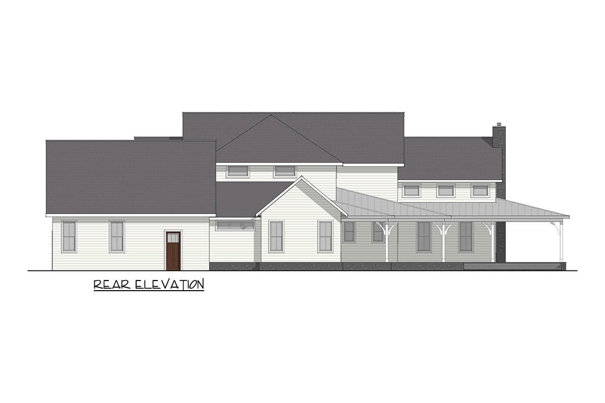 Rear elevation drawing of a house plan showing a wraparound porch, gables, and a brick chimney.