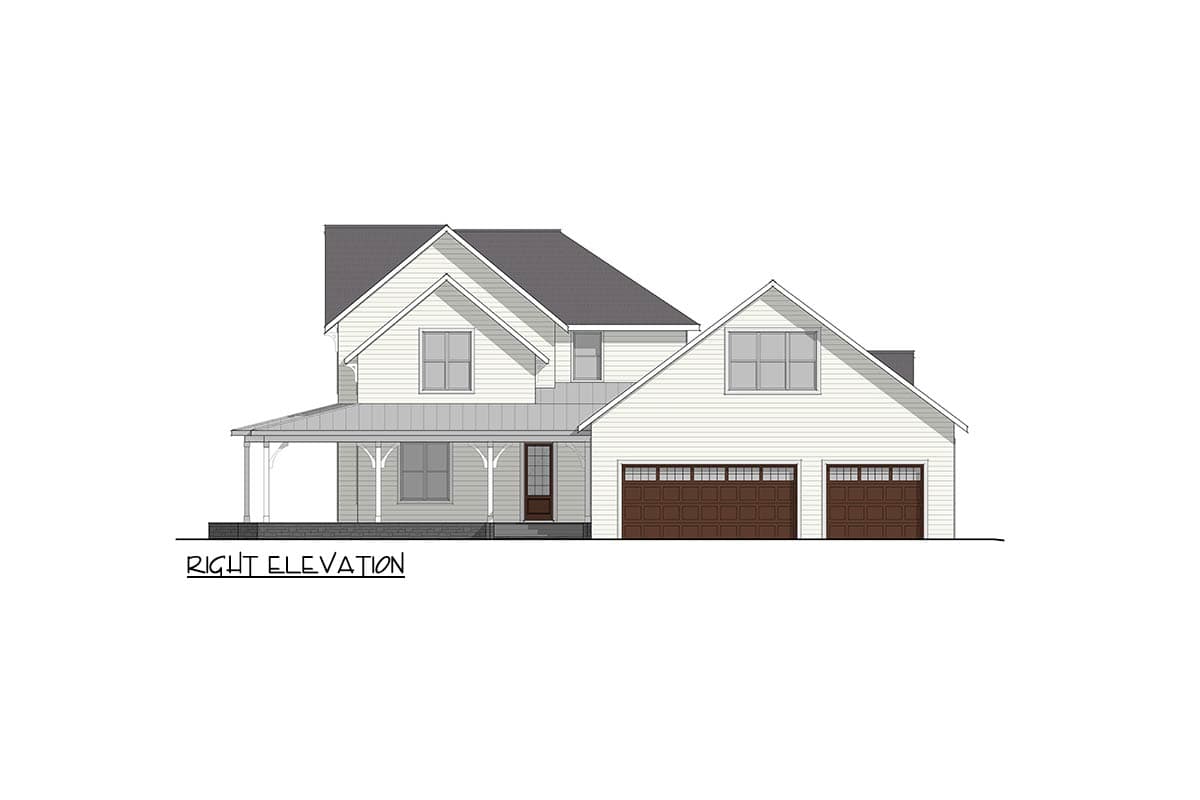 Right elevation house plan showing a two-story Modern Farmhouse with a wrap-around porch, gables, and a three-car garage.
