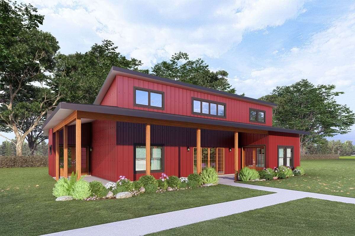 Two-story modern house plan exterior with a deep covered porch, prominent gables, and horizontal siding.