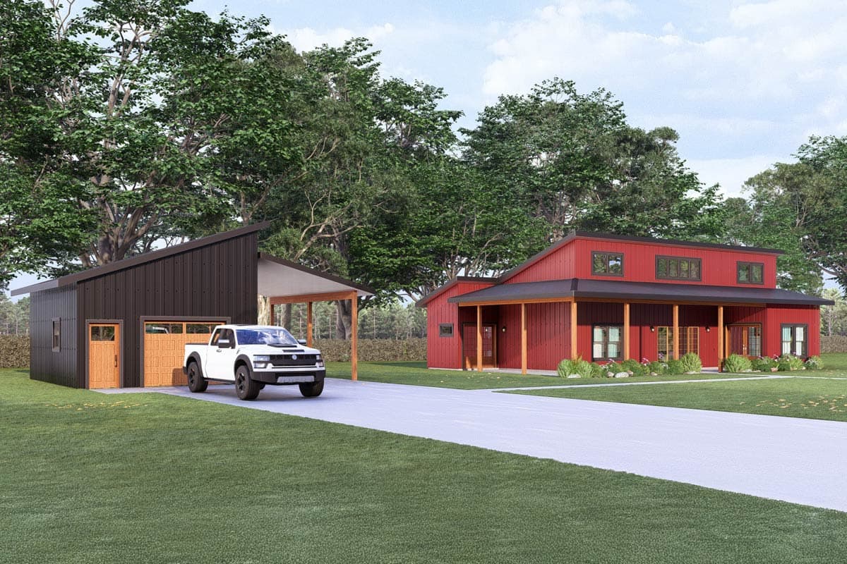 House plan exterior: Modern style red house with wrap-around porch and attached dark metal garage with single-car bay.