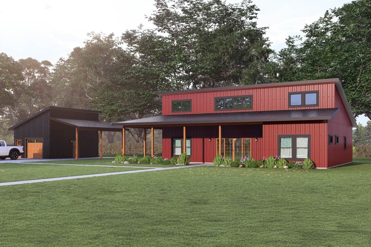 House plan exterior: two-story red metal building with covered porch and attached black garage with carport.