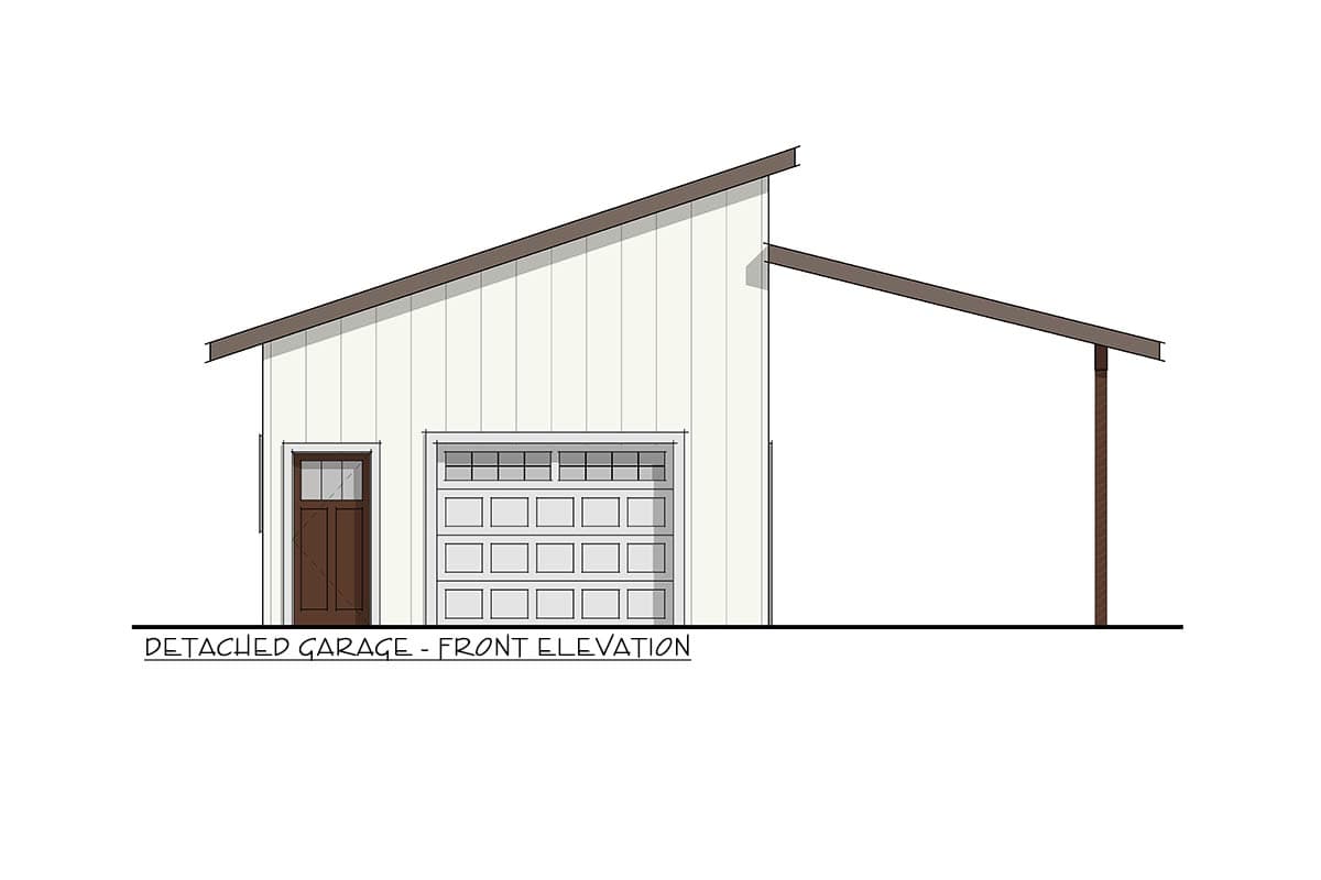 Detached garage front elevation drawing with vertical siding, garage door, and covered carport.