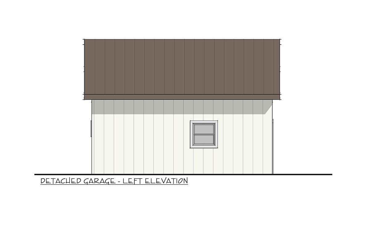 Detached garage left elevation drawing with vertical siding and a metal gable roof.
