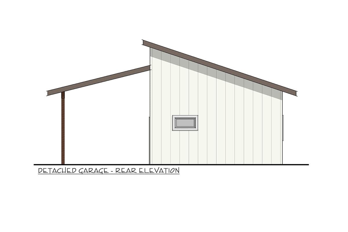 Detached garage rear elevation drawing with vertical siding, single window, and shed roof with overhang.