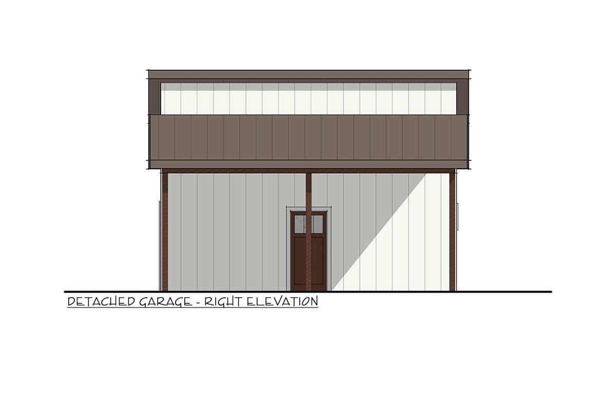 Detached garage right elevation drawing showing a two-story structure with a double door entry and upper-level horizontal windows.