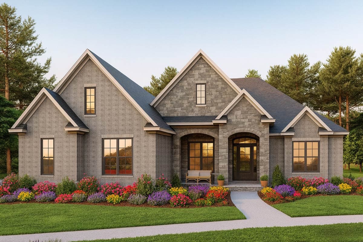 A gray stone house with dark trim features multiple gabled roofs. Colorful flowerbeds line the walkway leading to a welcoming arched entrance.