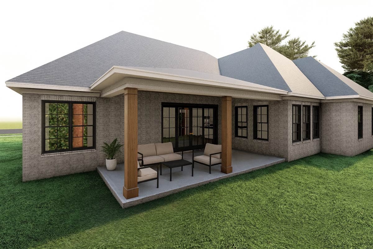 House plan exterior: Ranch style, covered patio with wooden posts, brick facade, and multiple gables.
