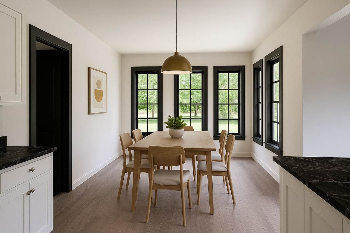 Dining area with wood table, chairs, pendant light, and multiple black-framed windows overlooking greenery. Open doorway to dark room.