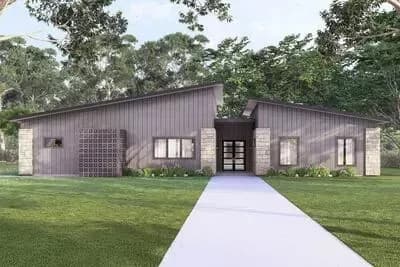 Sophisticated Modern House Plan: Split Beds, Flex Room, Covered Patio