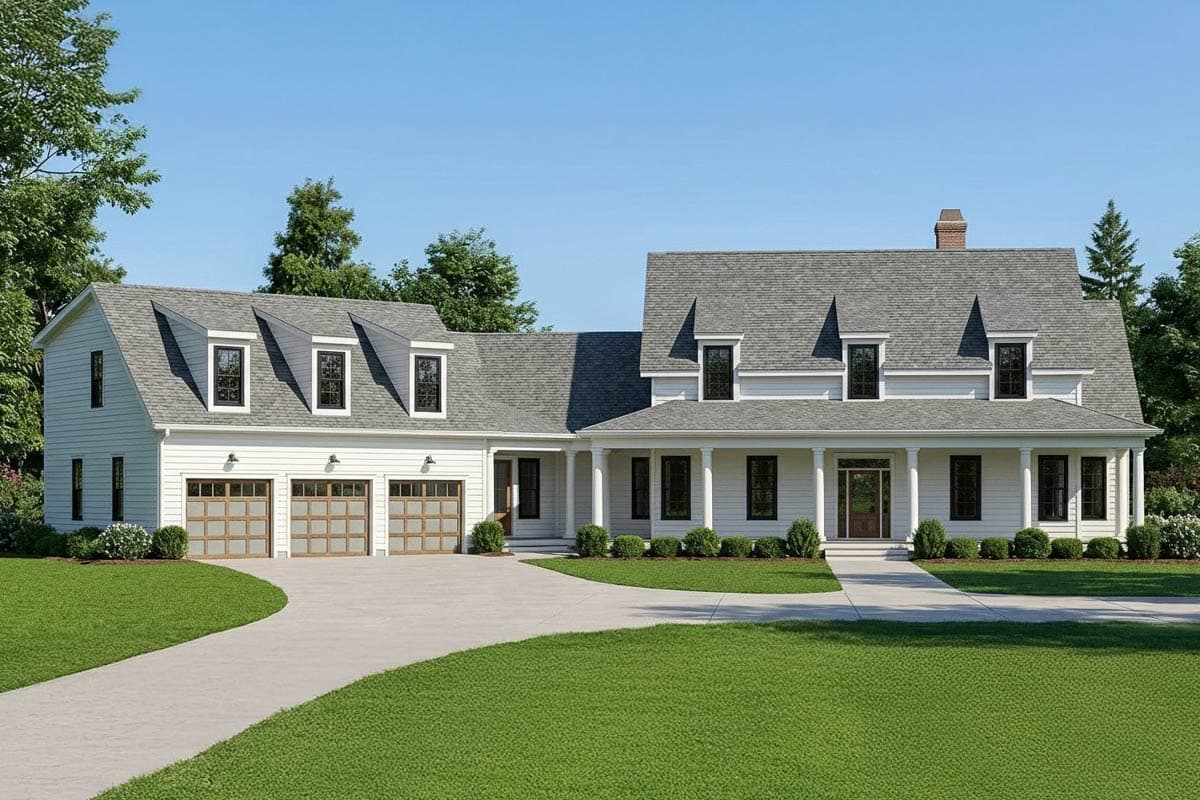 House plan exterior: Traditional style, two stories, side-entry three-car garage, expansive covered porch, multiple dormers.