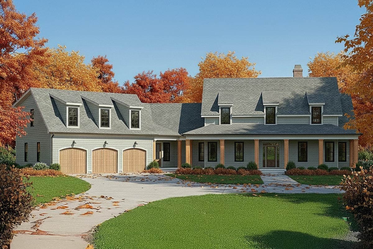 House plan exterior: Two-story home with a wide covered porch, three-car garage with arched doors, and multiple dormers.