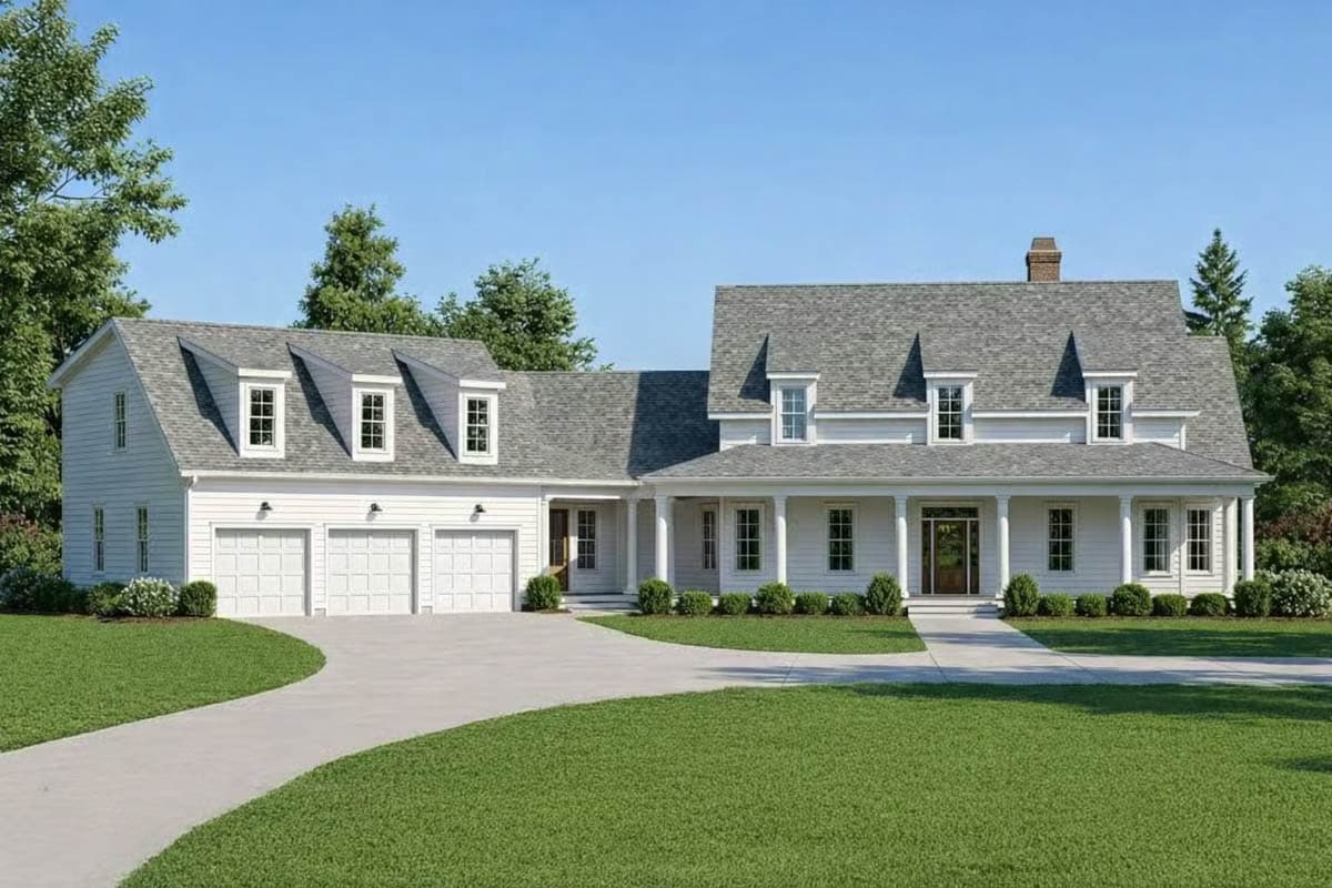 House plan exterior: Two-story home with wrap-around porch, dormers, and attached three-car garage.