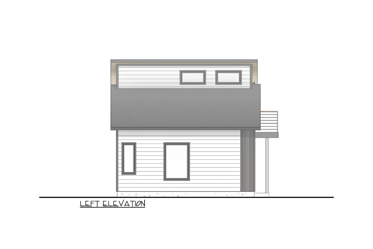 Left elevation drawing of a two-story house with horizontal siding, flat roof, and multiple rectangular windows.