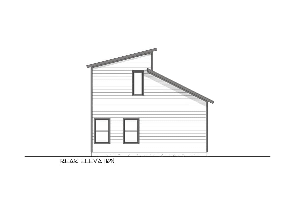 Rear elevation drawing of a two-story house with horizontal siding and a shed roof, featuring two main-level windows and one upper-level window.