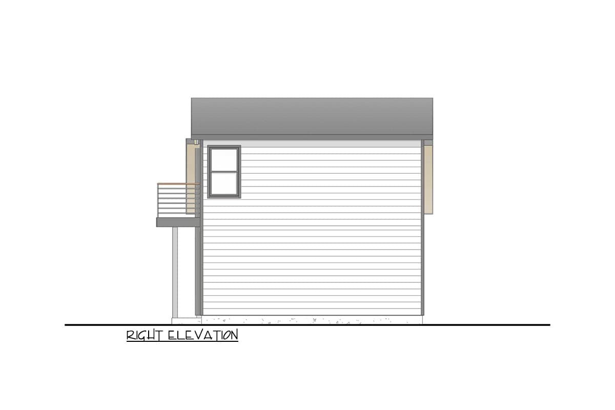 Right elevation of a house plan showing horizontal siding, a single window, and a small deck with horizontal railings.
