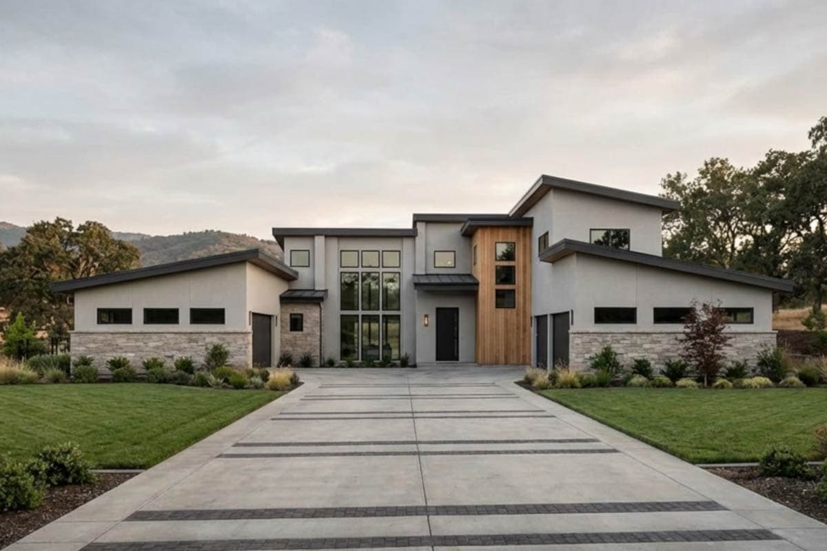 Modern two-story house with a flat roof, wood accents, and a long driveway. The exterior features a gray and stone facade.