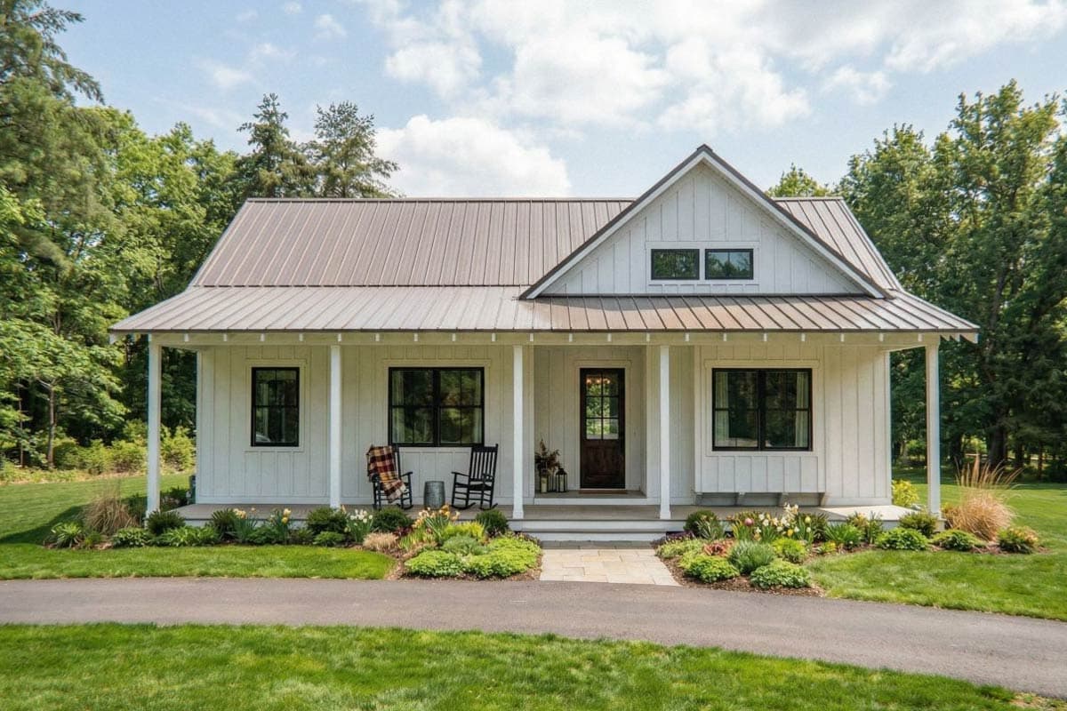 A white farmhouse with a metal roof and porch. Two rocking chairs sit on the porch, surrounded by a landscaped yard and a paved driveway.