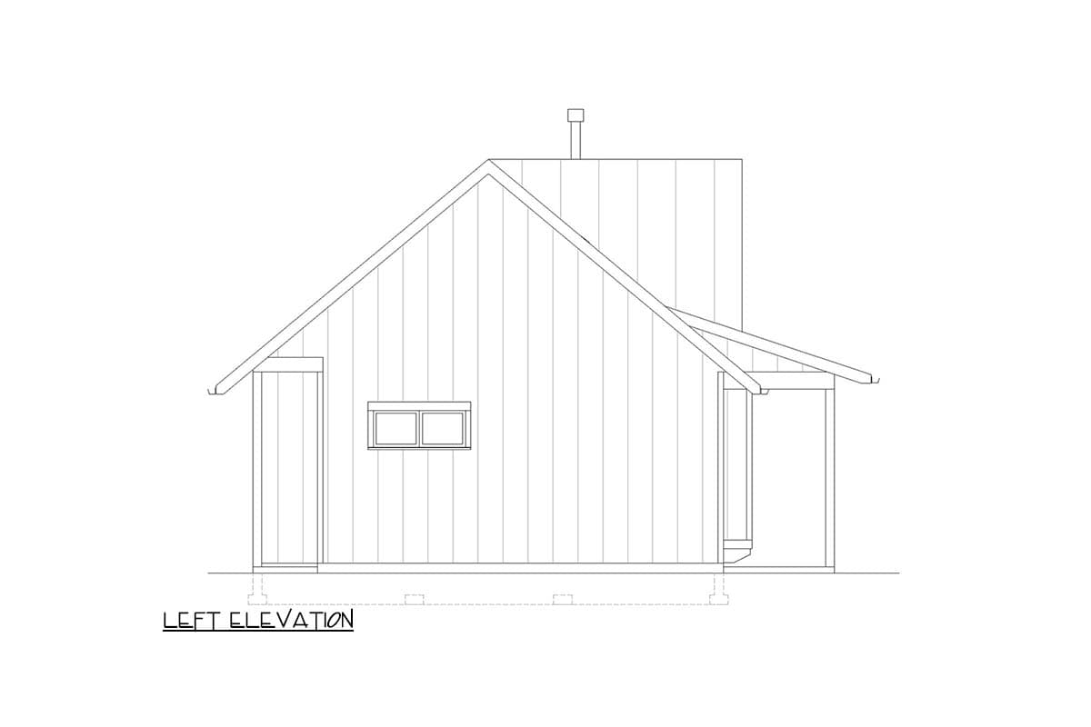 Left elevation drawing of a house plan showing a gable roof, single window, door, and covered entrance.