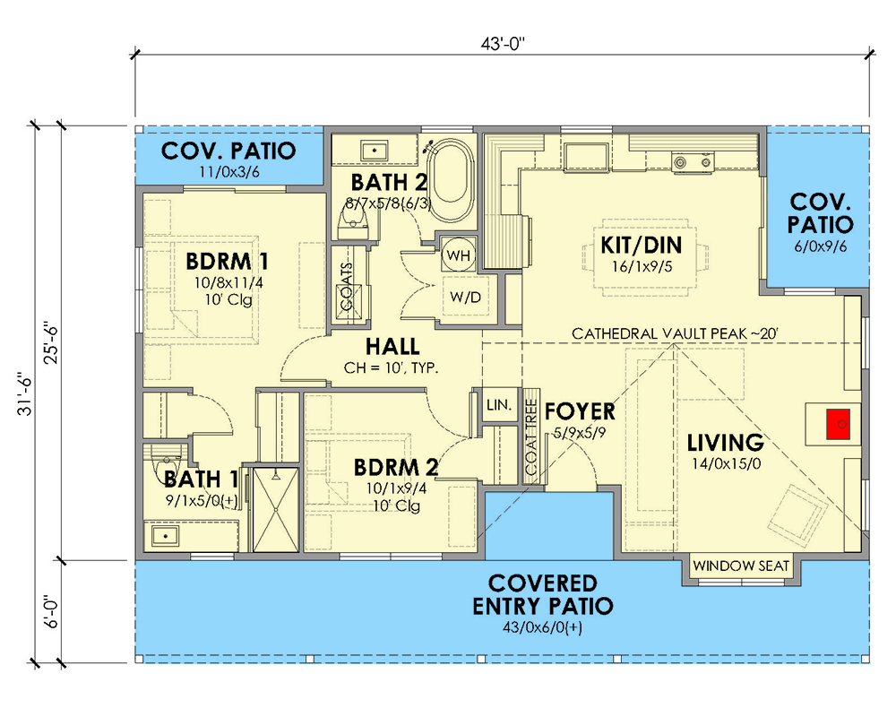 Plan 470315REY: Charming 2-Bedroom Cottage House Plan with Covered Porch - Floor Plan - Main Level - Cottage, Country, New American, Traditional