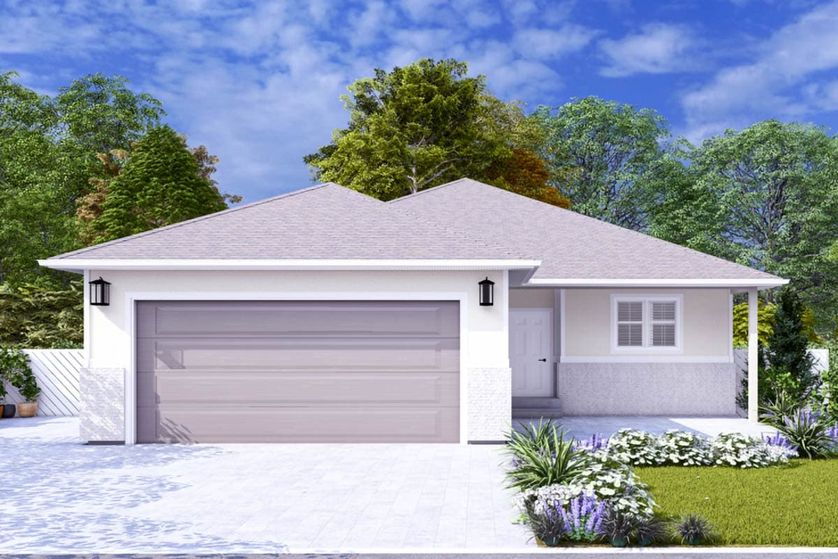 A modern, single-story house with a grey garage door and a white exterior sits under a bright blue sky, surrounded by trees.