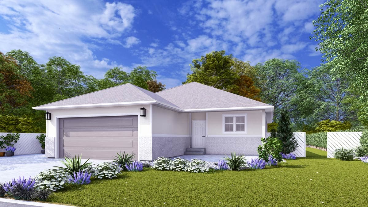 House plan exterior: one-story home with attached garage, gable roof, front door, and white brick wainscoting.