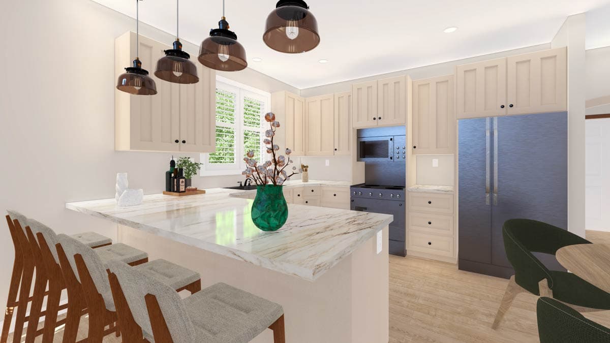 Kitchen with light wood cabinetry, marble island with seating, stainless steel appliances, and pendant lighting.
