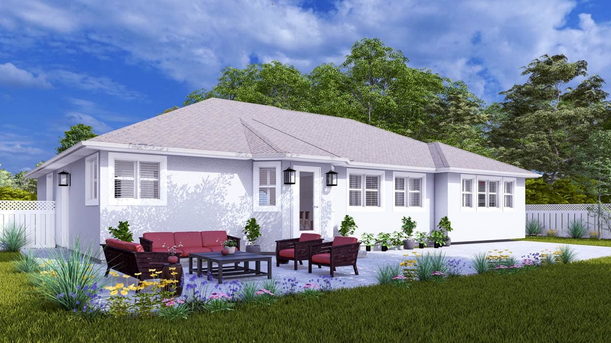 House plan exterior: one-story, stucco finish, hip roof, with multiple windows and a rear patio.