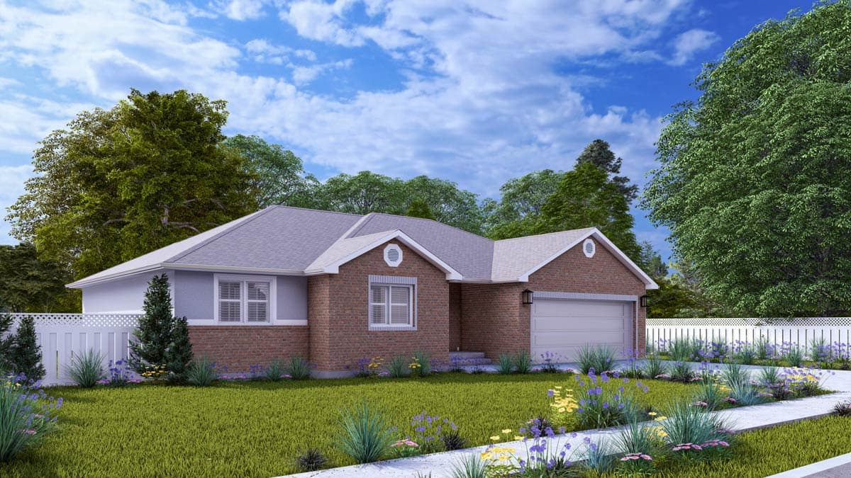 House plan exterior of a one-story Modern Farmhouse with brick facade, gabled dormers, and attached garage.