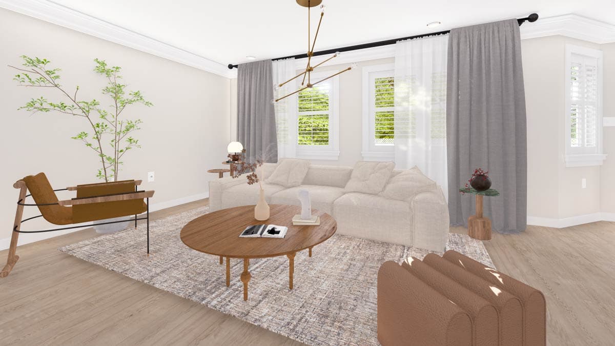 Interior rendering of a living room with a sectional sofa, round coffee table, accent chair, and a geometric chandelier.