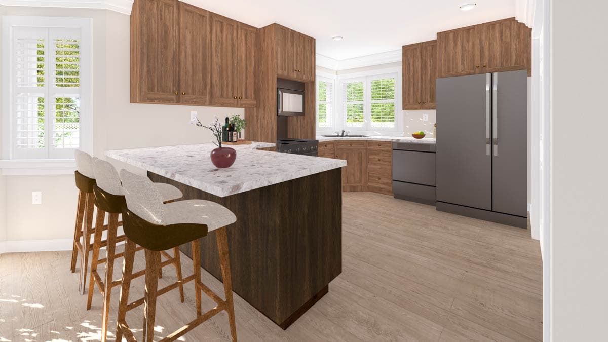 Kitchen with dark wood cabinets, central island with marble countertop, stainless steel appliances, and light wood flooring.