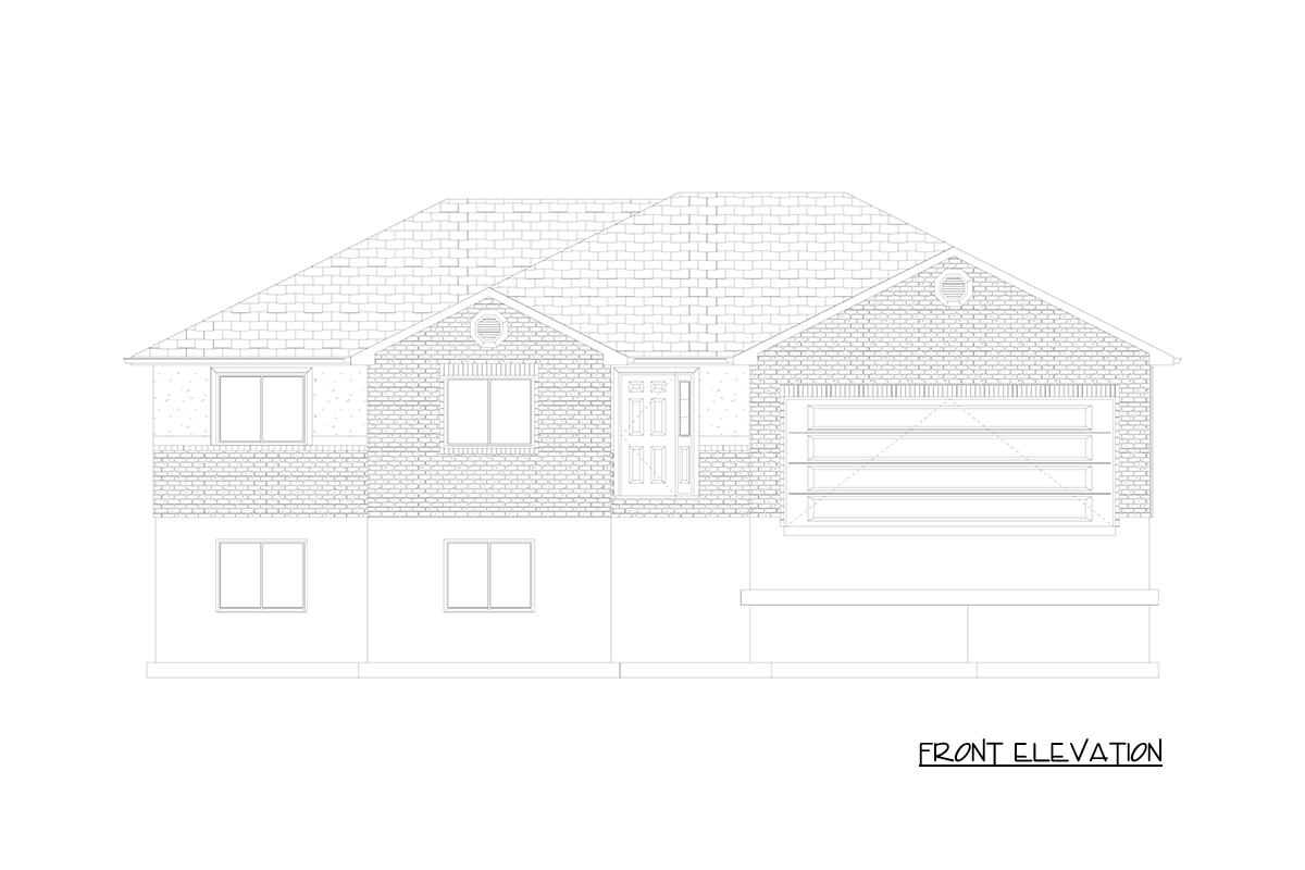 Front elevation drawing of a two-story house with a gable roof, prominent brickwork, central entry, and side-facing garage.