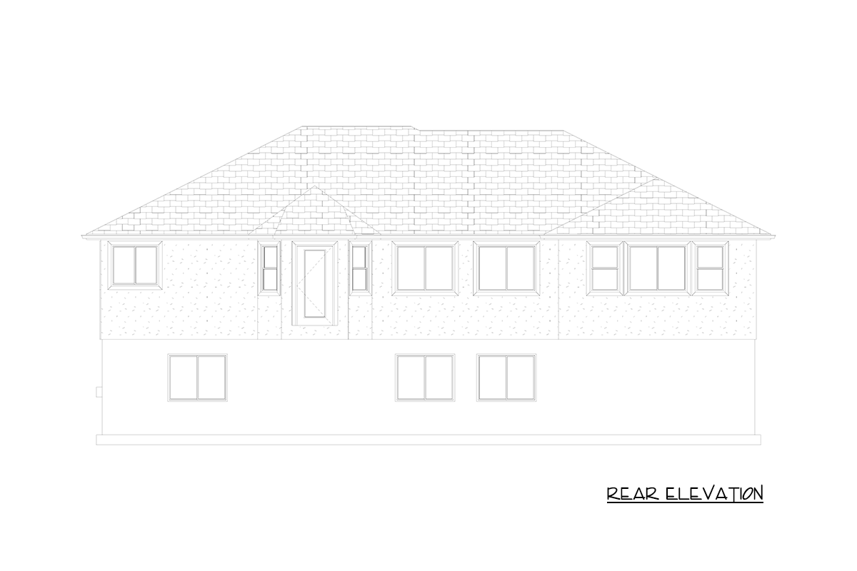 Rear elevation drawing of a two-story house plan showing a central door, multiple windows, and a hipped roof.