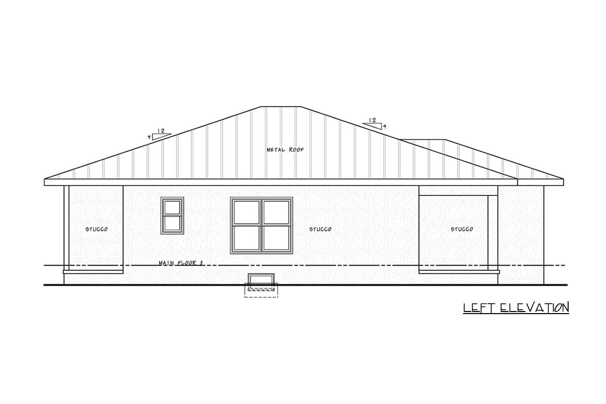 Left elevation drawing of a stucco house plan with a metal roof, showing windows and a covered porch.