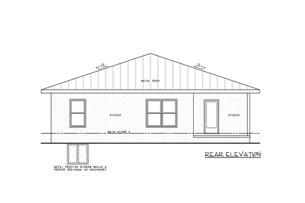 Rear elevation drawing of a stucco house with a metal gable roof, two windows, and a door.
