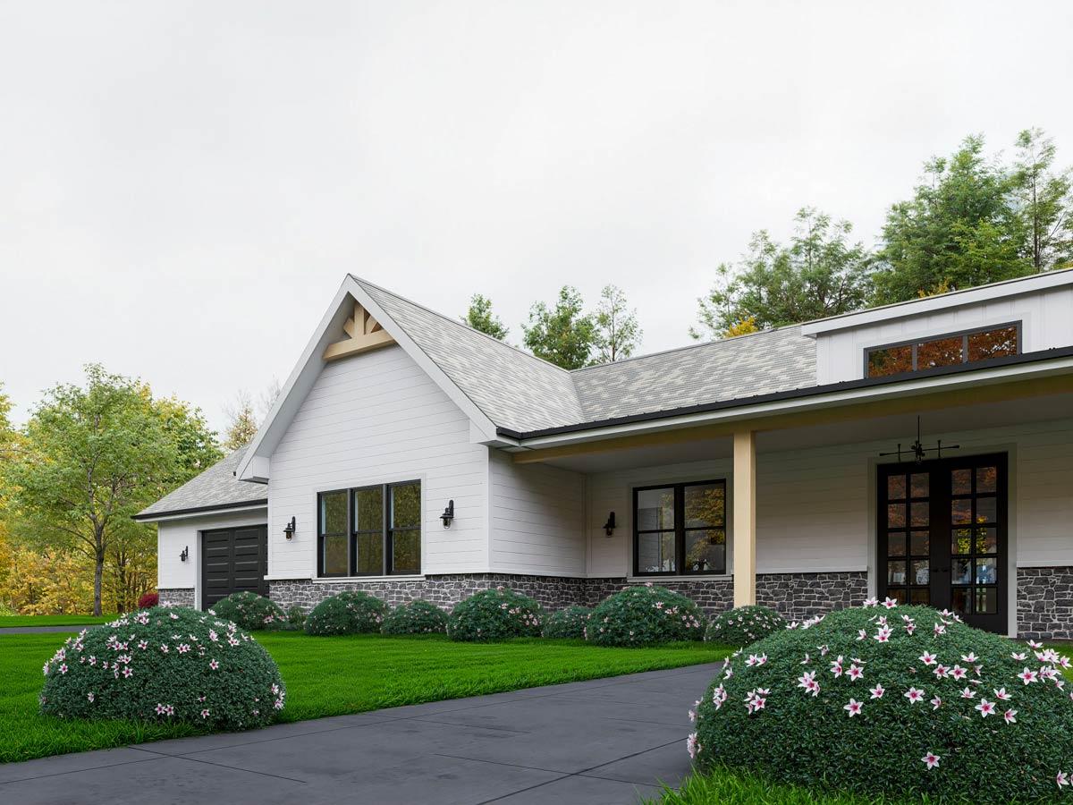 House plan exterior: Single-story Modern Farmhouse with gable, stone accents, covered porch, and side-entry garage.