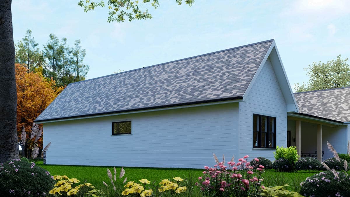 House plan exterior: modern farmhouse style, single-story, white horizontal siding, pitched roof with patterned shingles, prominent gable.