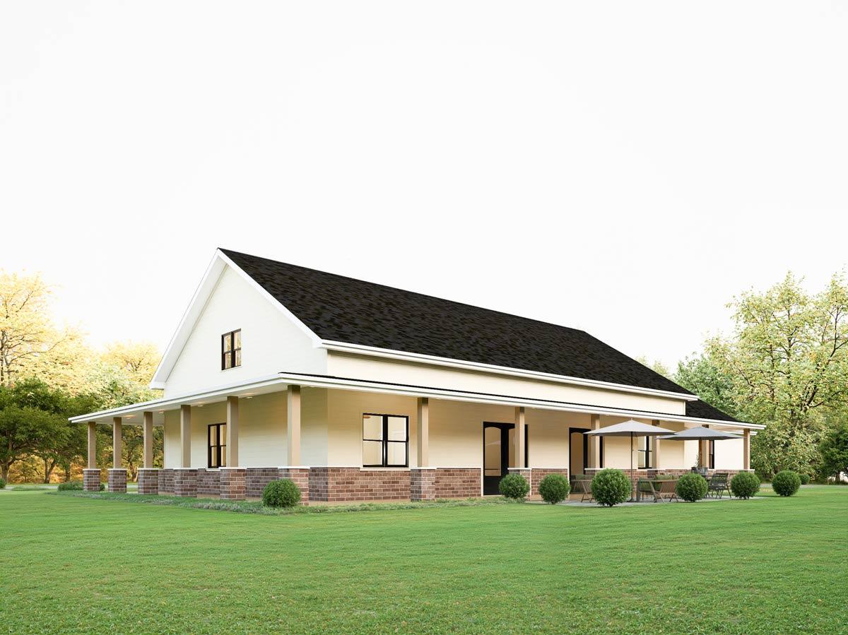 House plan exterior, one-story Modern Farmhouse with a wraparound porch, brick base, and gabled dormer.