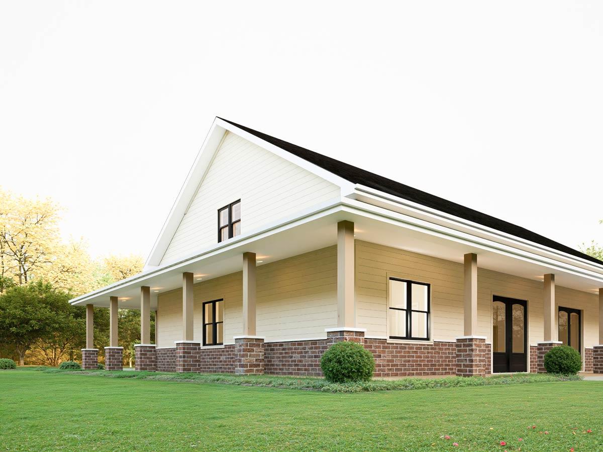 House plan exterior: Ranch style with a full-width covered porch, gabled dormer, and brick and siding facade.