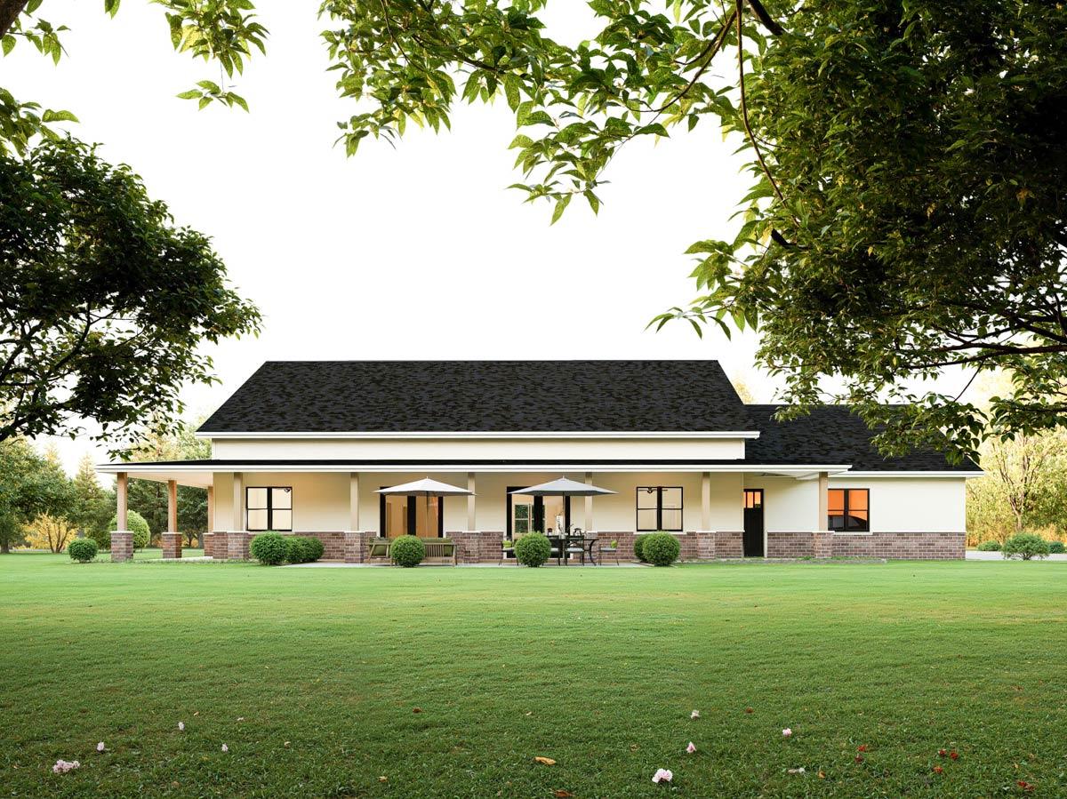 Ranch house plan exterior with a broad covered porch, brick base, and multiple sets of French doors.