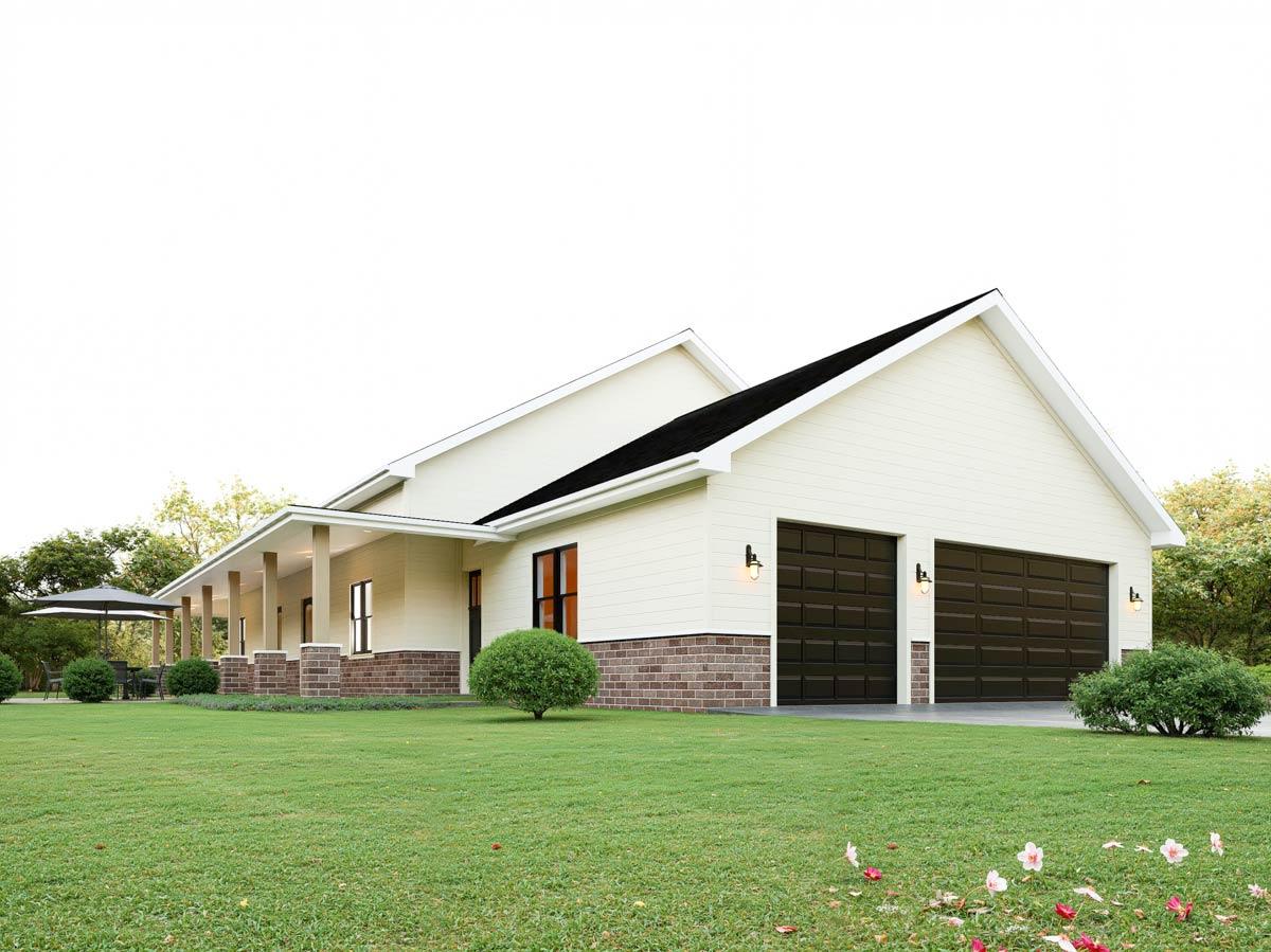 House plan exterior: Ranch style, one story with wraparound porch, two-car garage, gabled rooflines, and brick accents.