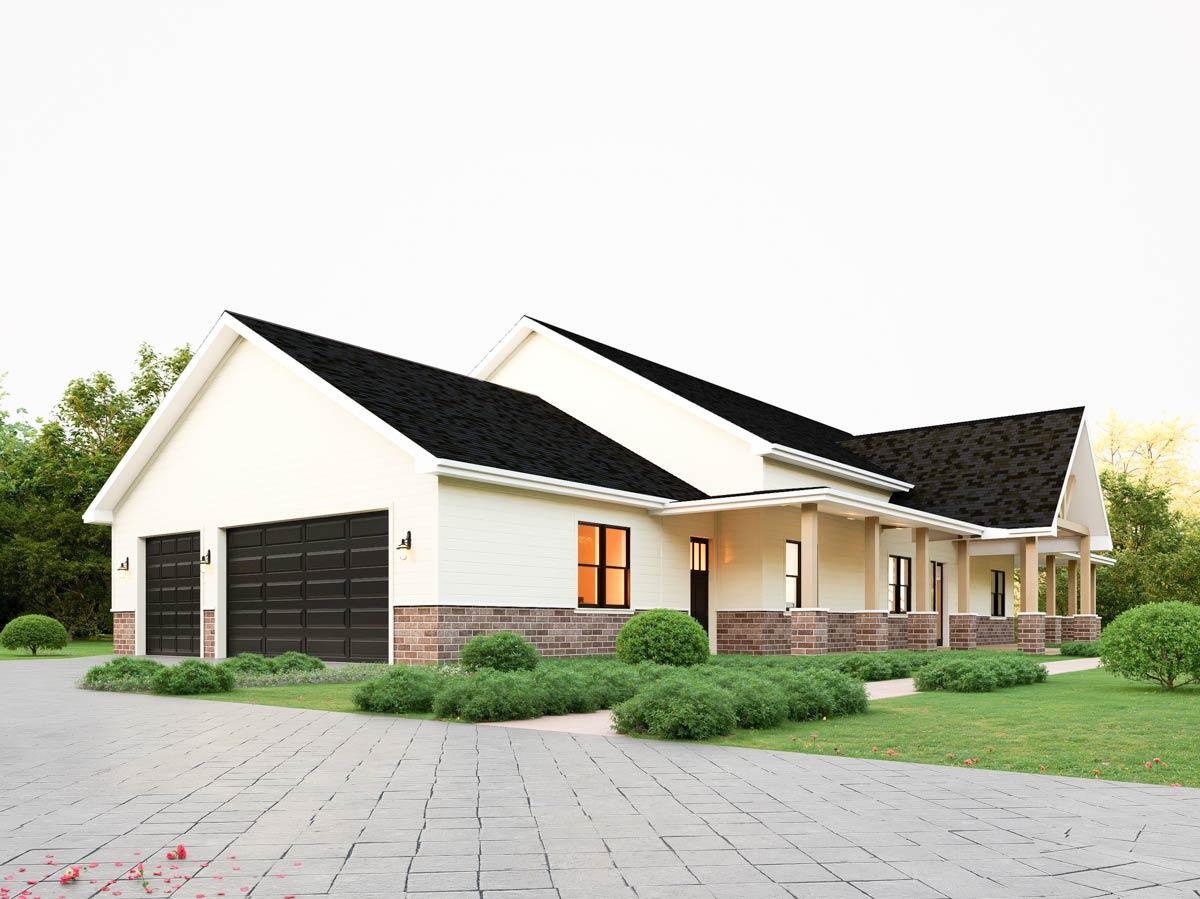 Modern Farmhouse style house plan exterior with side-entry garage, large porch, and brick accent.