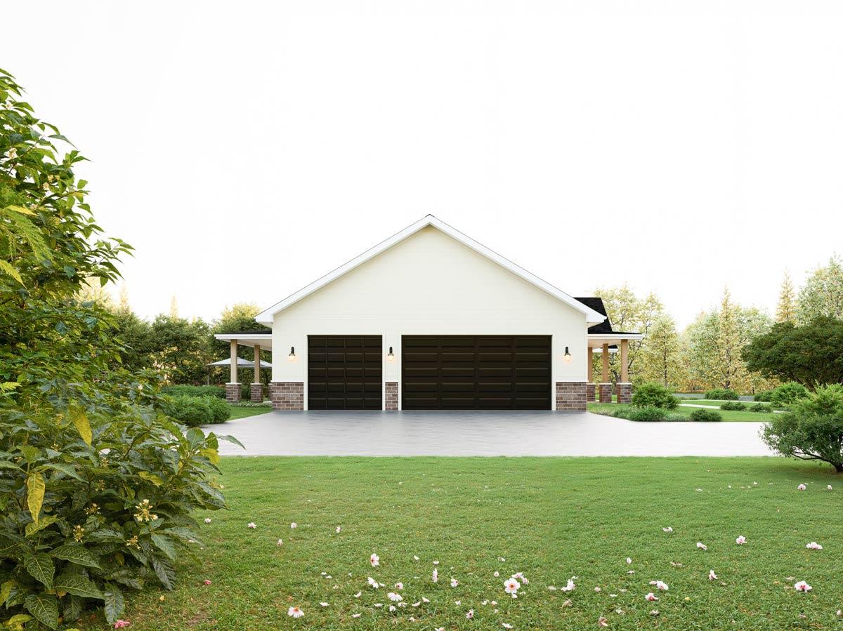 House plan exterior with a wide gable roof, two dark garage doors, and covered porch areas supported by brick bases and wood columns.