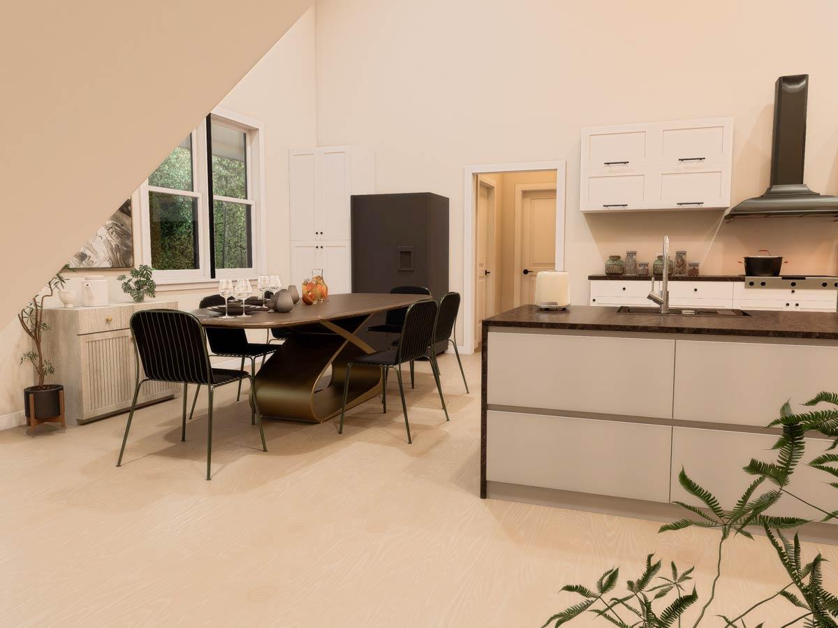 Kitchen and dining area with island, dining table, chairs, cabinetry, and stainless steel range hood.