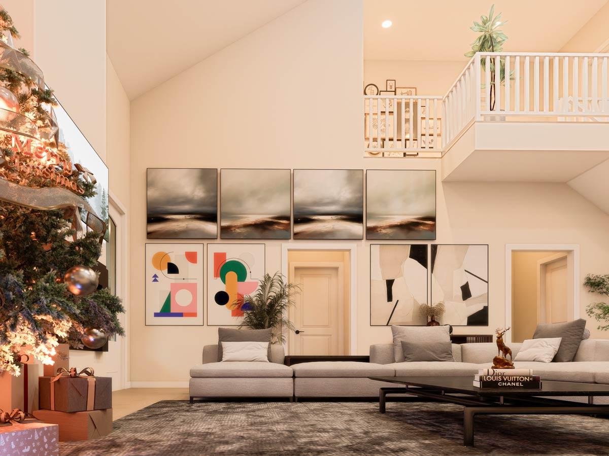 Interior rendering showing a living room with vaulted ceiling, open loft, sectional sofa, and gallery wall.
