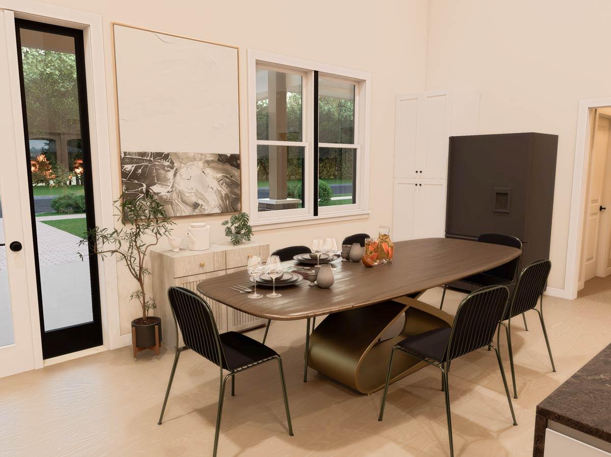 Dining room interior rendering with oval dining table, modern chairs, console, tall cabinet, and exterior view through window.